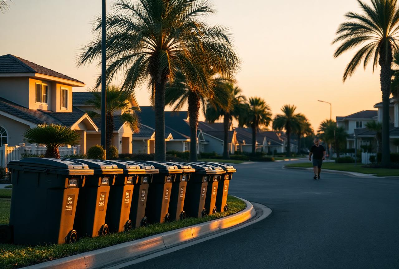 Clean trash bins lined up at the curb in a South Florida HOA community
